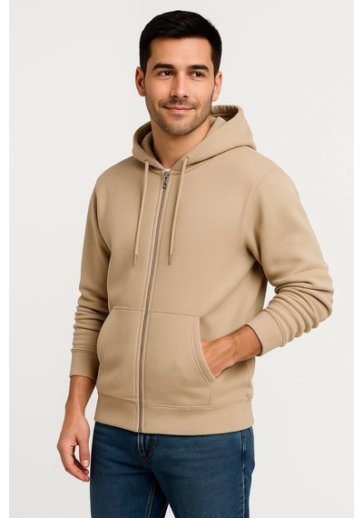 Novalisse Erkek 3 İplik Pamuklu Kapüşonlu Tam Fermuarlı Cepli Hoodie Sweatshirt - Bej Çoklu Renk