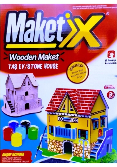 Vıp Maket Boyanabilir Ahşap Taş Ev 6 Renk Akrilik Boya Ahşap Eğitici Oyuncak Ahşap Boyama Ahşap Ev