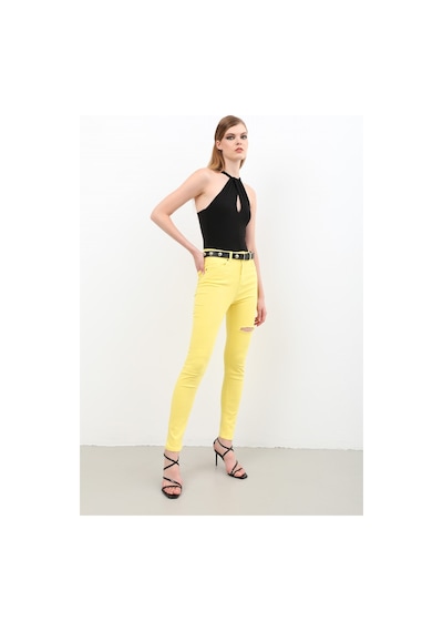 Kadın Yırtık Detaylı Jean Pantolon Sarı 001