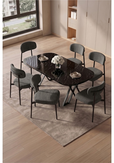 Robii 90x168 Siyah Mermer Mdf Masa, Metal X Ayak, Metal Polo Sandalye, 6 Kişilik Mutfak Masası Takımı Ve Yemek Masası Takımı Siyah Robii 90x168 Siyah Mermer Mdf Masa, Metal X Ayak, Metal Polo Sandalye, 6 Kişilik Mutfak Masası Takımı Ve Yemek Masası Takımı Siyah