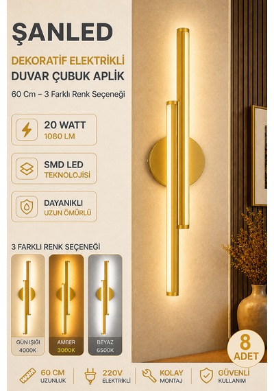 Dekoratif 20w İç Mekan Gold Kasa 60 Cm Duvar Aplik Elektrikli 8 Adet