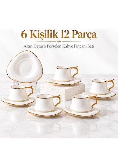 Valkyrie Asalet Serisi 6 Kişilik 12 Parça Kahve Fincanı Takımı Gold Detaylı Porselen Fincan Seti Beyaz Altın