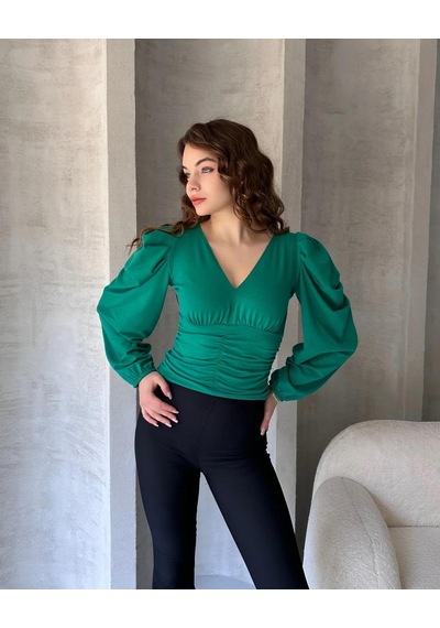 Markahit Defile V Yaka Drape Detaylı Crep Bluz Yeşil