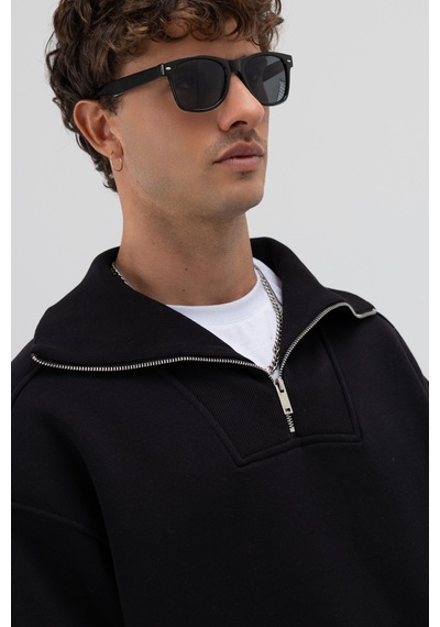 Vamos Basic Fermuarlı Dik Yaka Sweatshirt Siyah