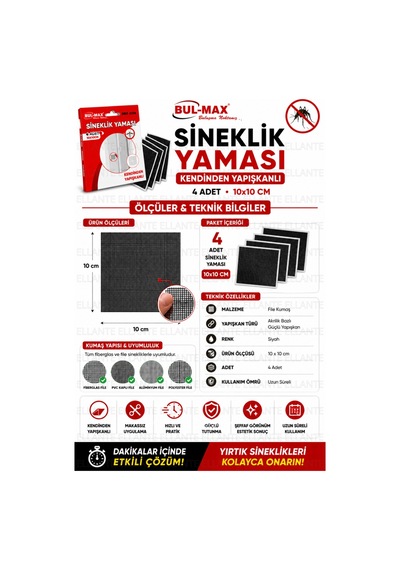 Kendinden Yapışkanlı Sineklik Yaması 4 Adet 10x10 Cm Sineklik Tamir Bandı Delik Yırtık Onarım Yaması
