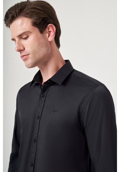 İmza Siyah Sert Yaka Uzun Kol Cepsiz Slim Fit Pamuklu Gömlek 1004260213