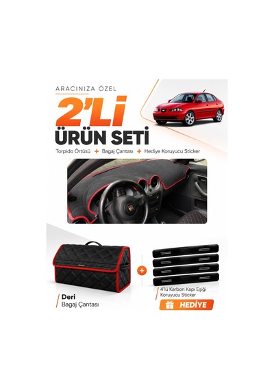 Seat Cordoba 2001-2008 Uyumlu Torpido Örtüsü + Deri Bagaj Çantası + Sticker Seti - Siyah Kırmızı