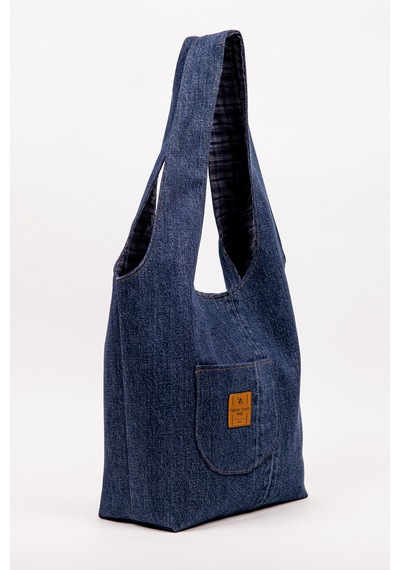 Fabric Craft Bag Denim Omuz Çantası Kadın Lacivert Cepli Astarlı Günlük Çanta 38x32 Cm