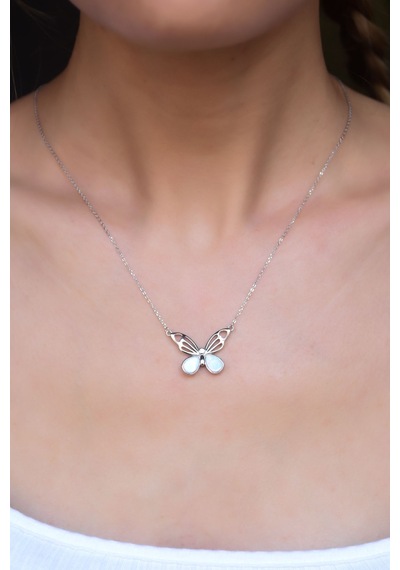 Papatya Silver 925 Ayar Gümüş Rodyum Kaplama Opal Taşlı Kelebek Kolye