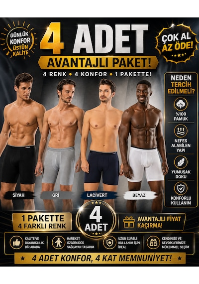 Erdem Erkek Karışık 4 Adet Likralı Uzun Paça Boxer Kutulu- 1470k Füme