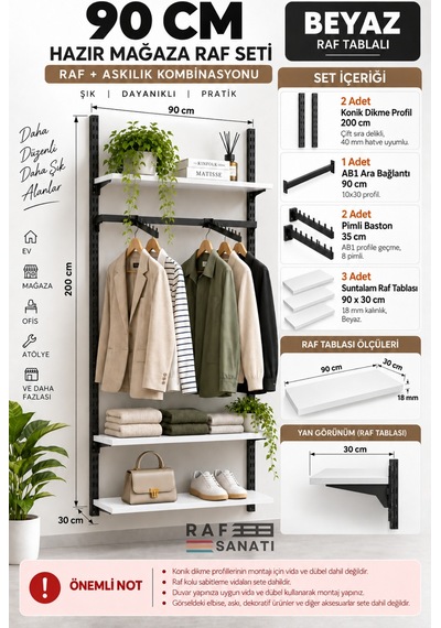 90 Cm Duvar Raf Askılık Sistemi 3 Raflı 200 Cm Konik Dikme Hazır Set Beyaz