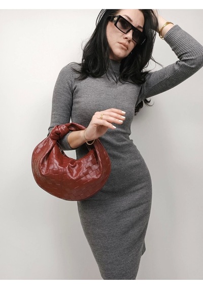 Glemix Helen Düğümlü Bordo Örgü Desen Trend Mini Kadın Bowl Bag Bordo Örgü Cilt