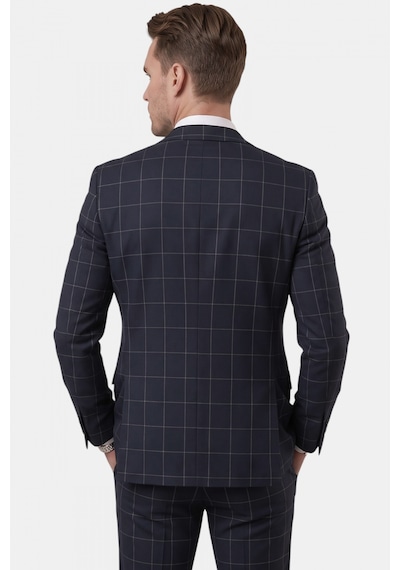 Rizzup Erkek Koyu Lacivert Slim Fit 3 Lü Takım Elbise Yelekli Ekose Desenli Çift Düğme Takım Elbise 2600501