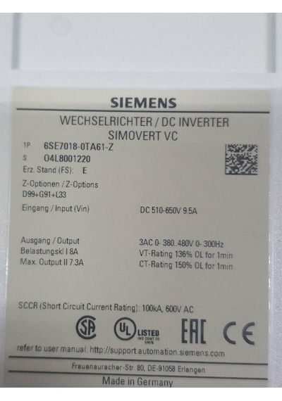 6se7018-0ta61-z Sımovert Masterdrıves Vector Control Compact Unıt 2.el