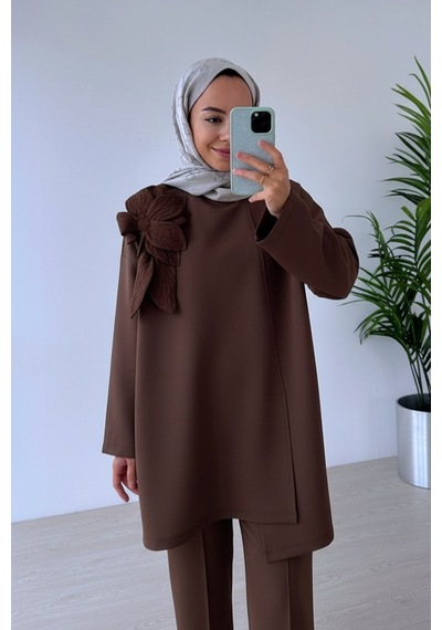 Ka Hijab Çiçekli Asimetrik Kesim Scuba Takım - Kahverengi