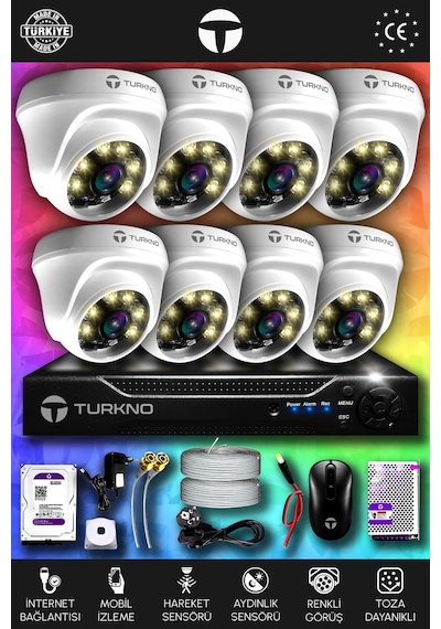 Turkno 8 Kameralı Domie 8 İç Kamera Set 2 TB HDD Full HD Renkli Gece Görüşlü Güvenlik Kamerası Sistemi