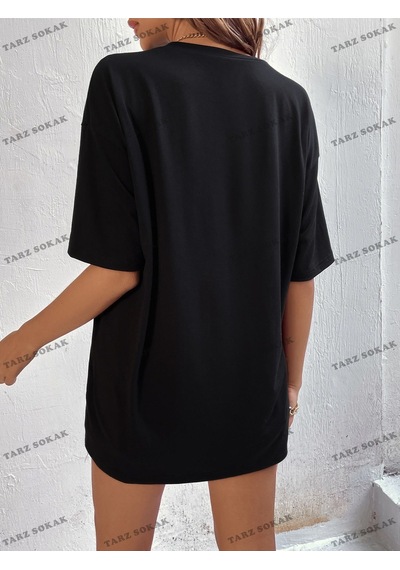 Flood Of Style Unisex Bay Harf Grafikli Düşük Omuzlu Tişört Kod-1385 Siyah
