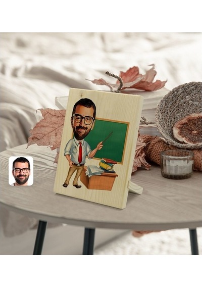 Kişiye Özel Erkek Öğretmen Karikatürlü Dekoratif Ahşap Çerçeve Mo
