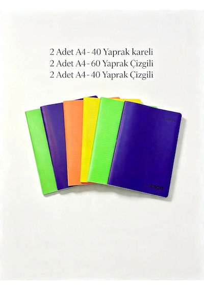 A4 Defter Seti 6'lı - Kareli 40 Yp & Çizgili 40-60 Yp Renkli Kapak Okul Defteri Seti Kırtasiye Seti