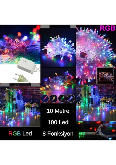 10 Metre 100 Led Rgb Işık Zinciri 8 Fonksiyonlu Dekoratif Led Lamba 10 Metre