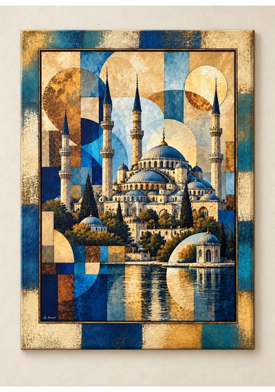 Geometrik Şekil Desenli Cami Ve Göl Detaylı Dekoratif Ahşap Tablo 52x72 Cm