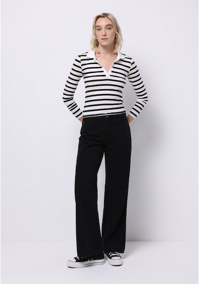 Colin's Colins Slim Fit Polo Yaka Çizgili Kadın Siyah Uzun Kol Tişört Cl1075895 Q1.v1 Blk SIYAH