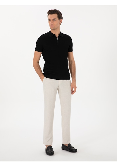 Siyah Slim Fit Fermuarlı Polo Yaka Triko T-shirt