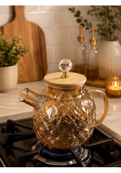 Qerhome Ateşe Dayanıklı Borosilikat Cam Demlik 1500 Ml Bambu Kapaklı Amber Cam Sürahili Çaydanlık Dh-41