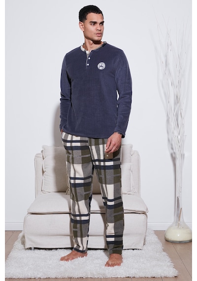 Buratti Ekoseli Regular Fit Düğmeli Bisiklet Yaka Kışlık Polar Erkek Pijama Takımı 60961008 Gri