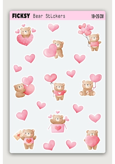 Sevimli Ayıcık Teddy Bear Aşk, Kalp, Sevgililer Günü Temalı Sticker Seti - 20 Adet Etiket Çıkartma Diğer