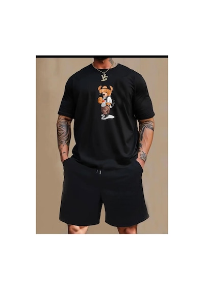 Medinenur Peluş Ayı Baskılı T-shirt Short Bol Paça Rahat Kalıp Siyah Alt Siyah Üst Short Takım Siyah