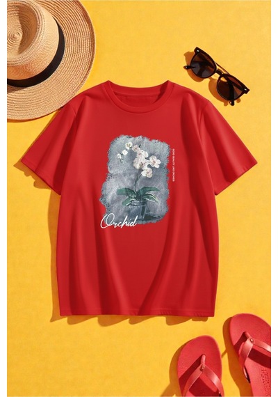 Uyguntarz Unisex Orchid Baskılı Oversize Tshirt Kırmızı