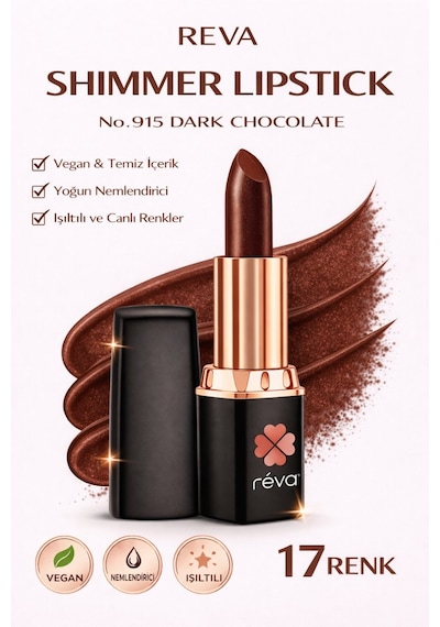 Shimmer Lipstick Dark Chocolate No:915 Işıltılı Parlak Vegan Temiz Ruj no color