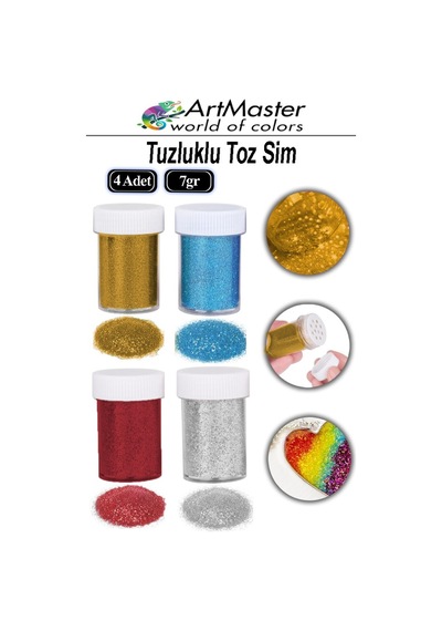 Toz Sim 4 Renk Altın Gümüş Kırmızı Mavi 7 Gr 4 Adet Tuzluklu Renkli Toz Sim Dekorasyon Okul Etkinlik Slime Epoksi Reçine