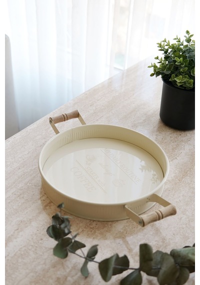 Ahşap Kulplu Yuvarlak Tepsi 26 Cm Desenli