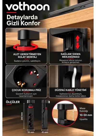Masa Tipi Pd20w Akım Korumalı 3'lü Priz 2xusb 1xtype-c Girişli Kablolu Priz Ftr19 2 M