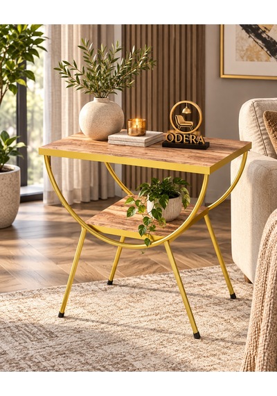 Odera Ceviz Çift Raflı Yan Sehpa Komodin Metal Ayaklı Retro Modern Salon Ve Yatak Odası Sehpası Diğer