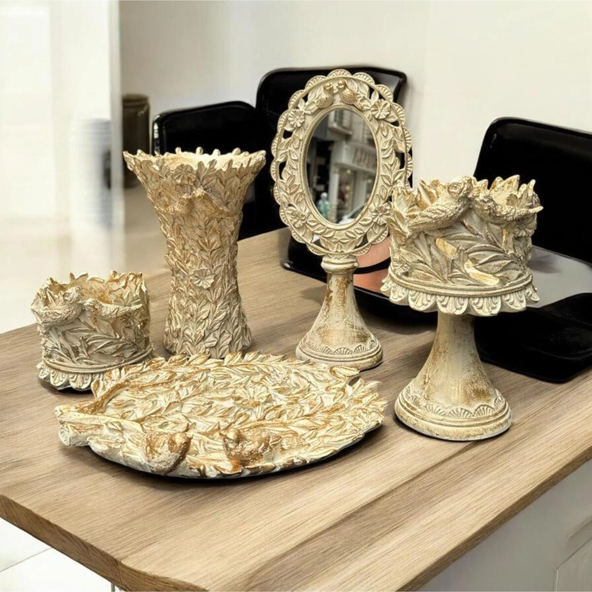 Dekoratif Polyester Kuşlu Beşli Salon Konsol Seti Krem Eskitme
