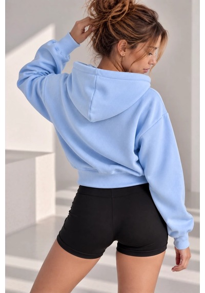 Bb Butik Basic Kapüşonlu Fermuarlı Kısa Kadın Sweatshirt Günlük Basic Model My3535 Bebe Mavi