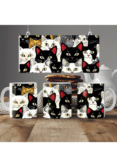 Sevimli Kedi Figürleri İle Kupa Bardak Çoklu Full Kedi Tasarımları - Hediye Kupa Modelleri Beyaz