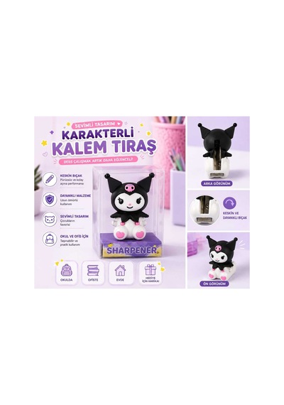 Sevimli Tasarım Kuromi Figürlü Kalemtraş Çocuklar İçin Hediye Kırtasiye Siyah