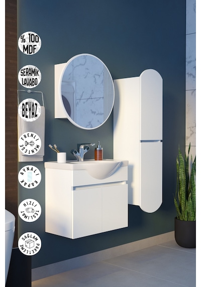 Makbulce Erciyes Havlu Dolaplı 65cm Seramik Lavabolu Mdf Oval Aynalı Banyo Dolabı Beyaz