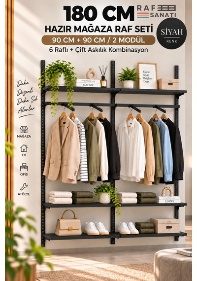 180 Cm Duvar Raf Askılık Sistemi 6 Raflı 2 Modül 200 Cm Konik Dikme Hazır Set Siyah