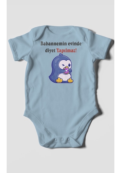 Babaannemin Evinde Diyet Yapılmaz Baskılı Bebek Zıbını Çıtçıtlı Body %100 Pamuk Kısa Kol Bebe Mavisi