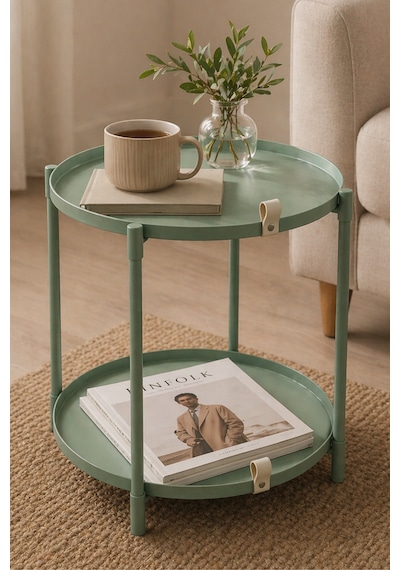 Çift Tepsili Katlanır Orta Yan Yuvarlak Sehpa Metal Ayak - Modern Sehpa 50cm 44 Cm Tepsi Deri Kulplu Mint Yeşili