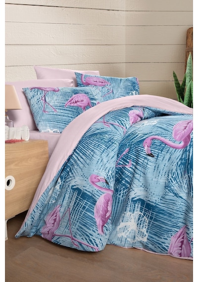 Mystory Home Lastikli Çarşaflı Çift Kişilik Nevresim Takımı Flamingo Mor - Pembe