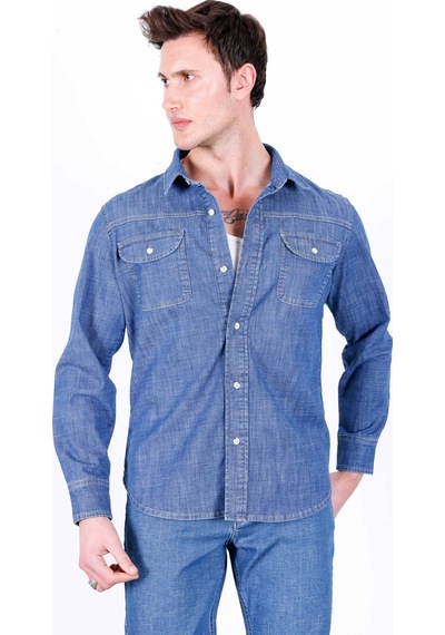 Erkek Açık Mavi Likralı Denim Regular Kalıp Düğmeli Kot Gömlek John-3020 Açik Mavi
