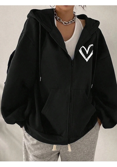 Relax&Basic Ünisex Basic Slim Fit Kapüşonlu Fermuarlı Cepli Sweatshirt Nar Çiçeği Siyah Siyah