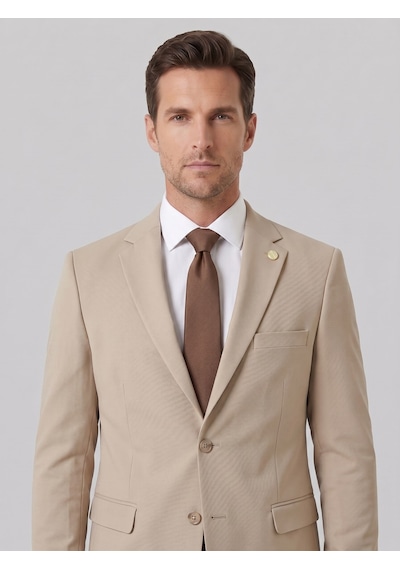 Tk6893 Erkek Klasik 2 Li Takım Elbise 2 Düğmeli Slim Fit Esnek Kumaş Çift Yırtmaçlı 7 Drop Bej