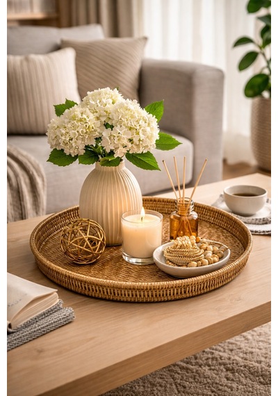 Doğal Hasır Görünümlü Plastik Rattan Tepsi Yuvarlak Dekor Servis Tepsisi Sunum Organizer 40 Cm